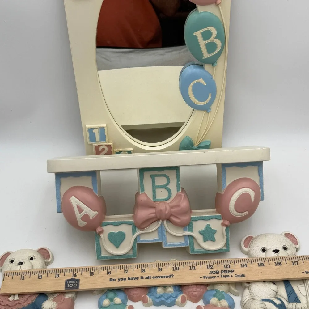 Vintage Nursery Wall Decor Set Teddy Bear Bunny Mirror Shelf Plaques Pastel 6pc